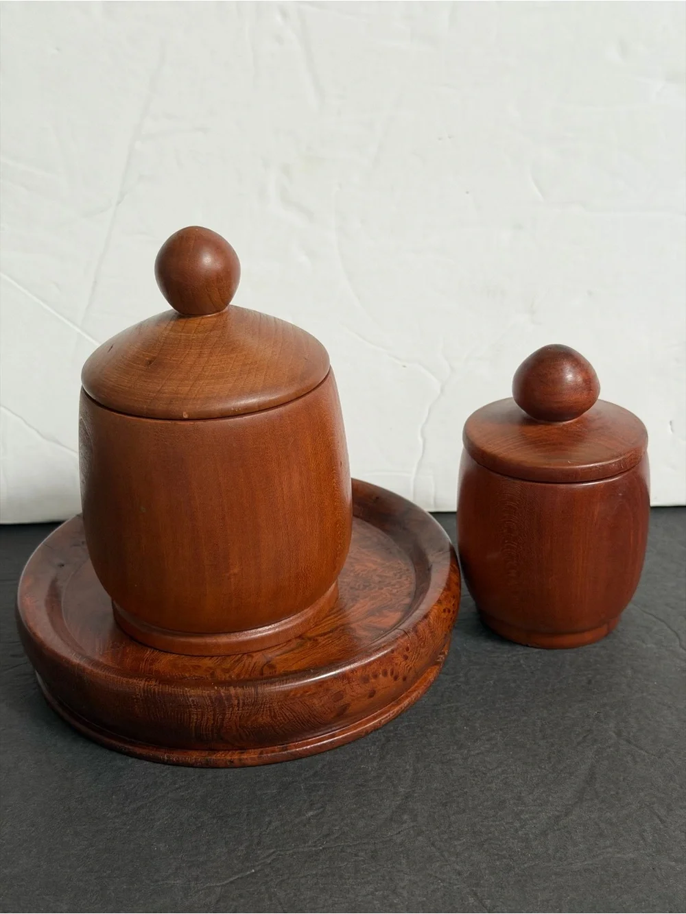Set of Two Turned Wooden Canisters with Lids - Rich Brown